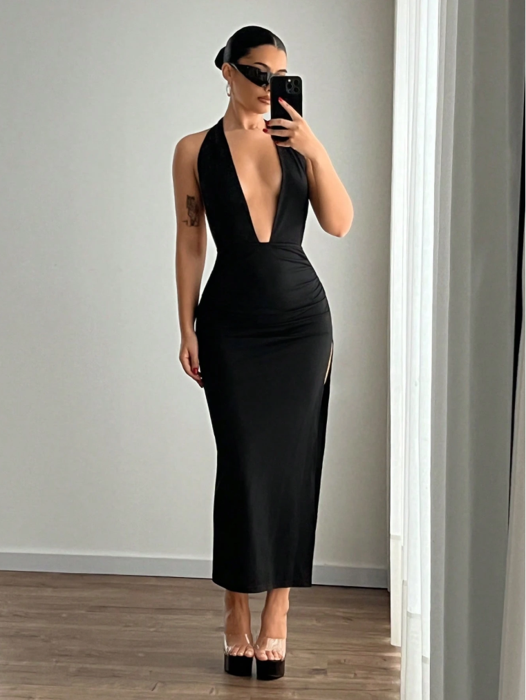 Deep V-neck Backless Side Split Dress Party Wear