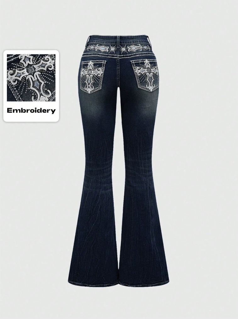 Low Waist Jeans Vintage Cross Pocket Wings Slim Flare Jeans For Women